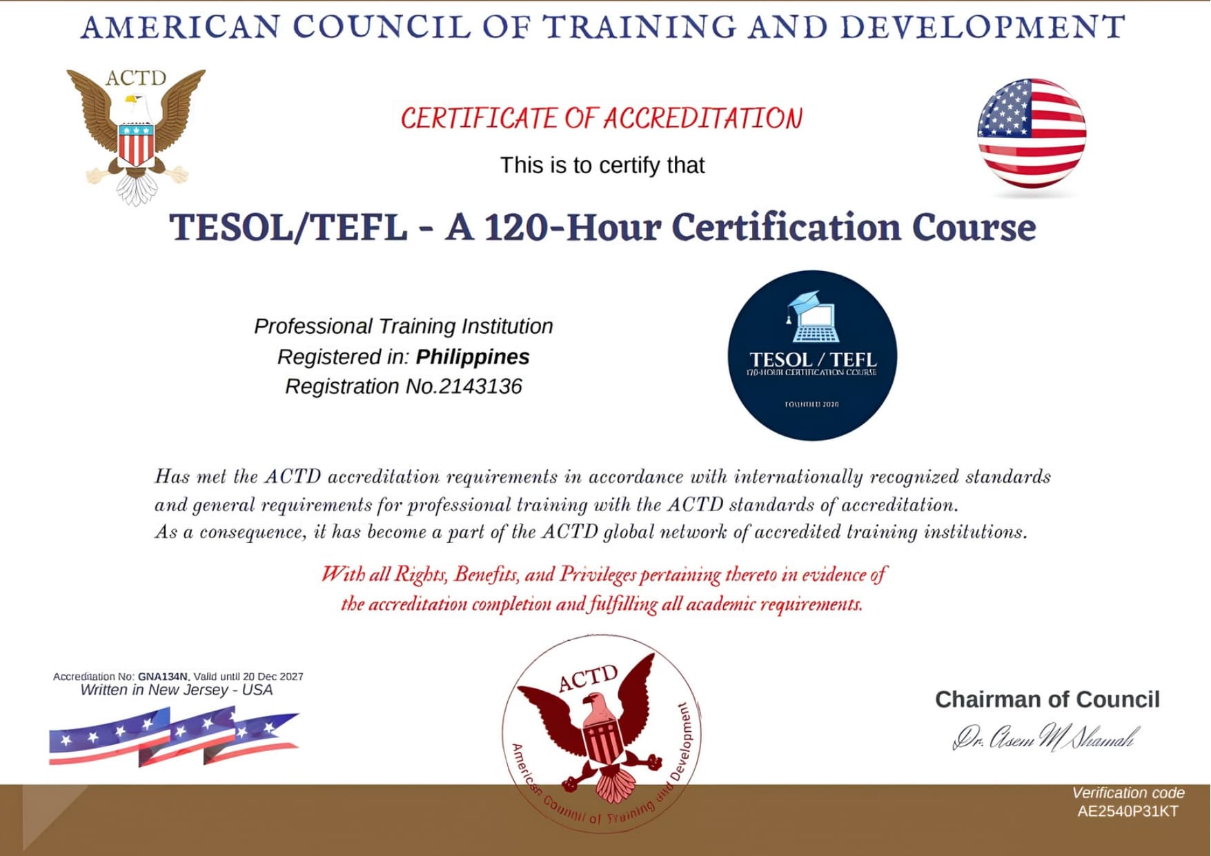 TESOL/TEFL accreditation certificate from the American Council of Training and Development
